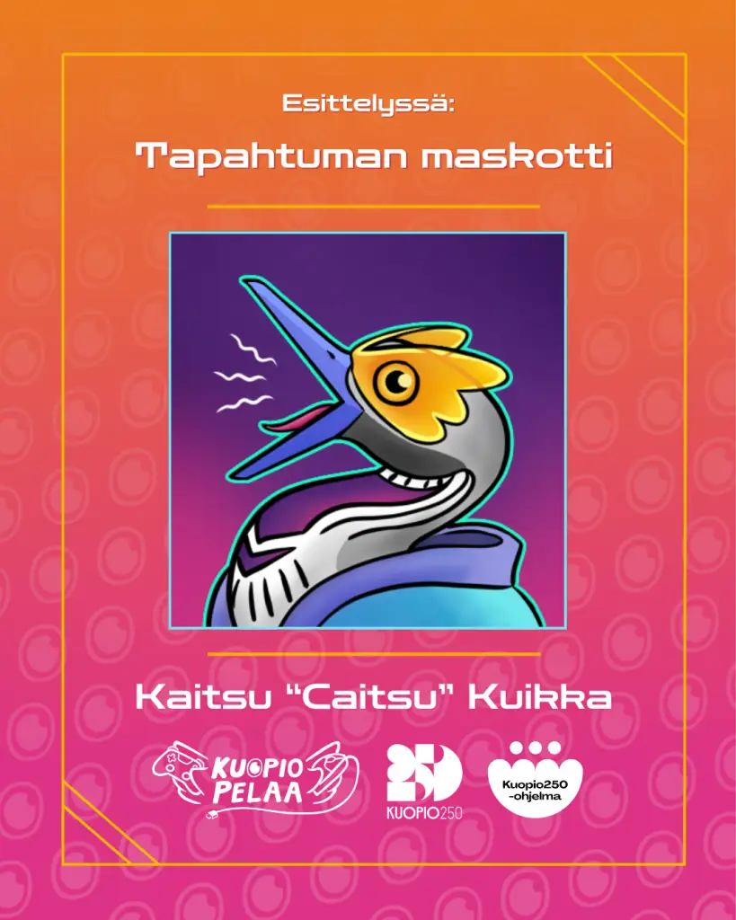 Kuvassa on Kaitsu “Caitsu” Kuikka, tapahtuman maskotti. Ennen conitean eli tapahtuman järjestäjäporukan esittelyjä otamme valokeilaan rakkaan maskottimme Kaitsu Kuikan.