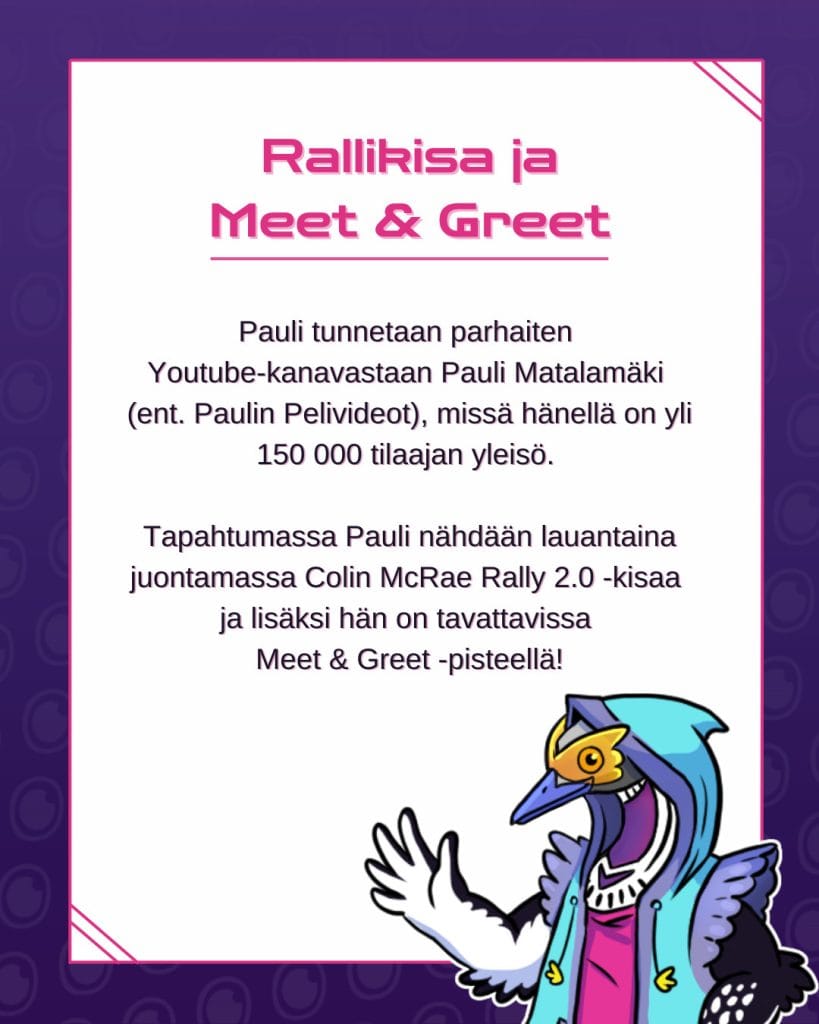 Kuvassa Kuopio Pelaa tapahtuman maskotti Caitsu esittelee Rallikisa ja Paulin Meet & Greet ohjelmaa.